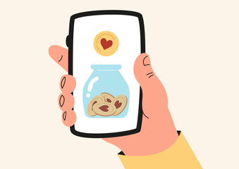 Hand holding a phone with a glass jar and coins inside. Concept of charity and donation, solidarity, hope. Vector