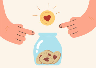 Hands pointing to a glass jar of coins with hearts. Concept of charity and donation, solidarity, hope. Flat design, vector illustration.