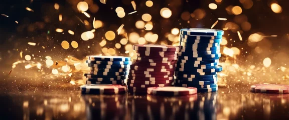 Fotobehang Stacked poker chips amidst a sparkling, golden bokeh background. © Jairo