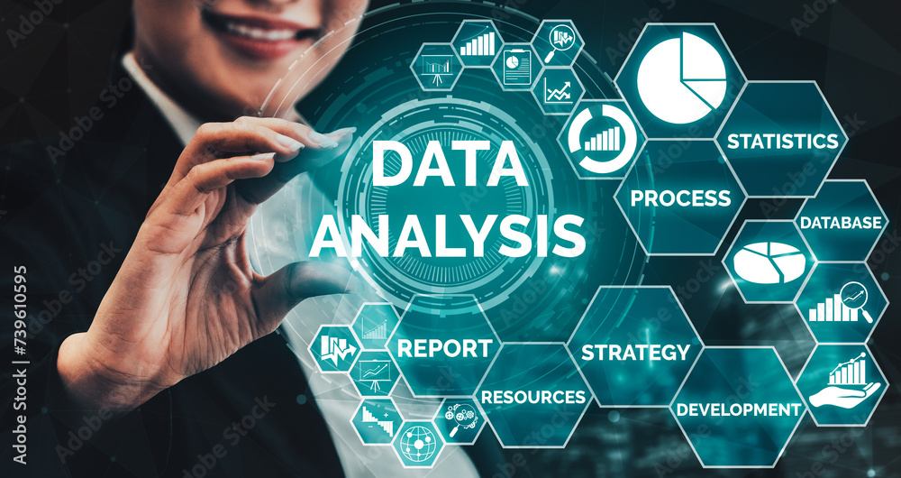 Poster data analysis for business and finance concept. interface showing future computer technology of prof