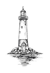 Lighthouse on the island. Hand drawn vector illustration in sketch style
