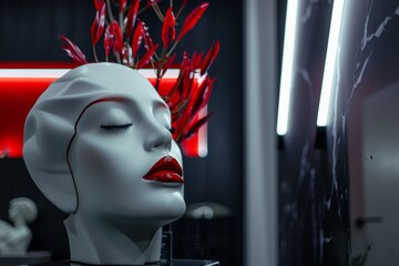 White Mannequin Head With Red Lipstick and Flowers. Generative AI