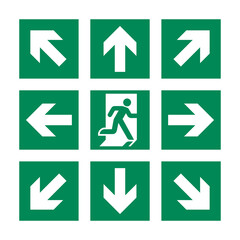 Emergency exit sign. Symbol of emergency or fire. A man runs through an open door. Sign in an office or shopping center.