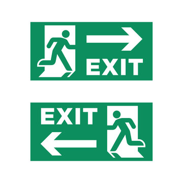 Emergency exit sign. Symbol of emergency or fire. A man runs through an open door. Sign in an office or shopping center.