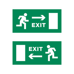 Emergency exit sign. Symbol of emergency or fire. A man runs through an open door. Sign in an office or shopping center.