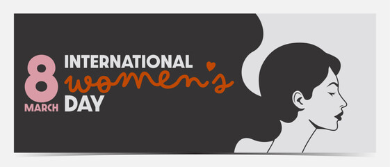 Black and white International Women's Day, March 8 banner, cover, poster, greeting card, label, flyer with women profile and colorful details