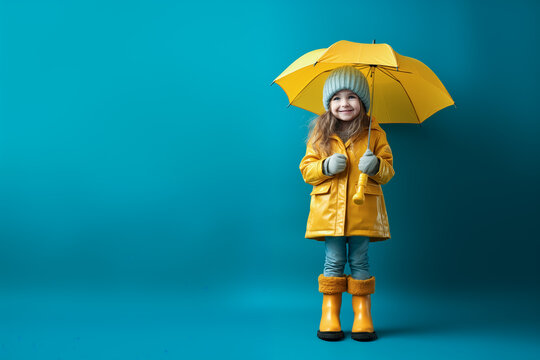 A sweet little girl in a yellow raincoat holding a bright umbrella against a blue background. Concept of childlike joy on a rainy day. Generative AI.