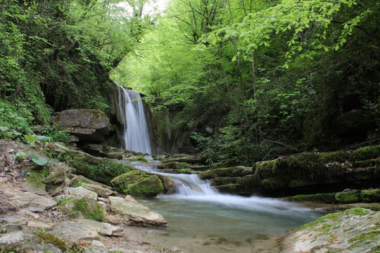 Waterfall in the forest.Beautiful landscape of the waterfall of Tatlica Erfelek district, Sinop, in the Black Sea Region of Turkey. long exposure