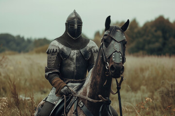 Naklejka premium Medieval Knight on a Horse Outside