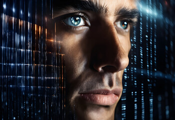 A close-up of a person's face with a digital technology theme.