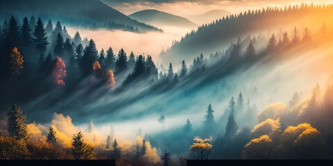 mystic fog of punk hue with touches of yellow and blue rises above lush autumn forest on mountain hill at sunrise - obrazy, fototapety, plakaty