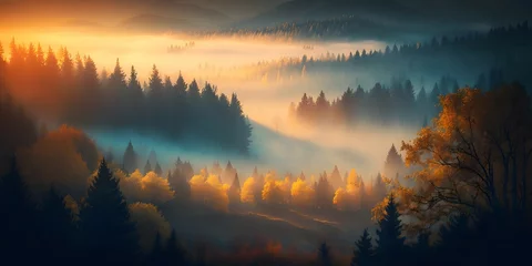 Afwasbaar Fotobehang Mistige ochtendstond mystic fog of punk hue with touches of yellow and blue rises above lush autumn forest on mountain hill at sunrise