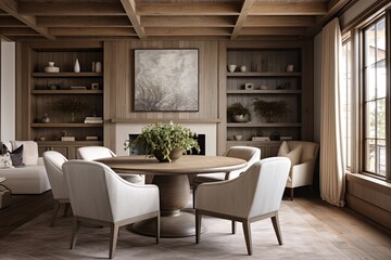Rustic Elegance: Abstract Wood Paneling Dining Room with Farmhouse Style, Wooden Beam Ceiling, and Fabric Lounge Chairs