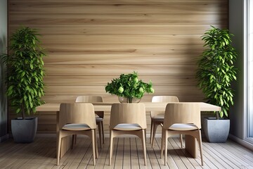 Minimalist Scandinavian Dining Room: Abstract Wood Paneling with Green Plant Decor