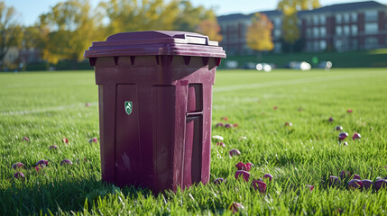 Burgundy Trash Holder Beside a Historic Monument: Preserving Heritage Cleanliness