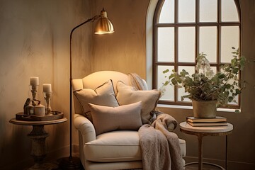 Arched Window Stucco Wall Decor: French Country Vibes with Fabric Lounge Chair & Vintage Brass Lighting