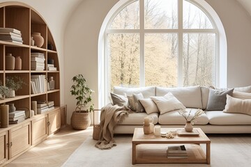 Scandinavian Style: Arched Window Stucco Wall Decor in a Cozy Living Room with Light Wood Furniture
