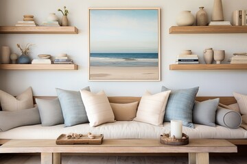 Sea Breeze Style: Beach House Inspired Floating Wooden Shelf Ideas with Sandy Palette for Living Room D�cor