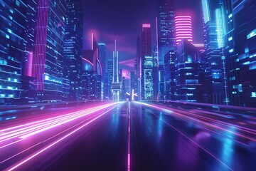Futuristic cityscape with neon lights and high-speed light trails Depicting a vision of urban progress and digital innovation.