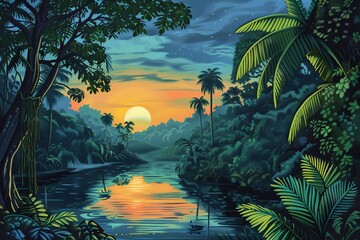 Illustrated amazon rainforest landscape at dusk Capturing the essence of adventure and natural wonder - obrazy, fototapety, plakaty
