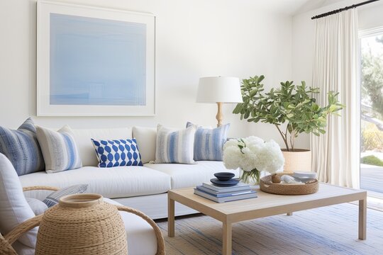 Coastal Blue Accents: Rattan Chair & White Sofa Modern Living Room Design