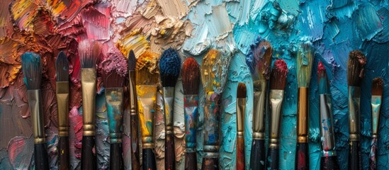 Variety of colorful paint brushes for art and painting projects at art studio
