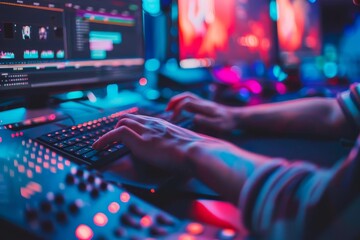 Video editing workstation with an editor meticulously crafting footage Showcasing the creativity and technology behind multimedia production.