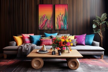 Boho Chic Dining Room with Abstract Wood Paneling, Colorful Cushions, and Black Coffee Table Decor