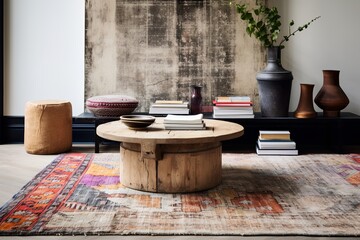 Boho Chic Living: Colorful Rug and Wooden Side Table Aesthetic