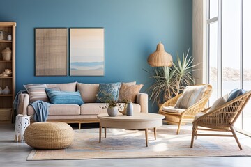 Blue Boho Bliss: Rattan Furniture & Modern Living Rooms with Blue Textile Accents
