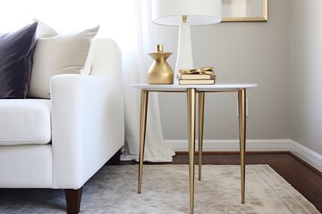 Brass Legged Side Table Decor with Modern Sofa and White Rug in Contemporary living room setting