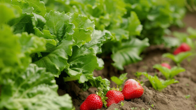 A row of leafy green lettuce plants create a lush backdrop for a handful of bright red strawberries nestled in the soil.