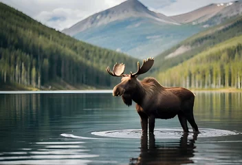 Stoff pro Meter Elchbulle Landscape with the moose in the lake