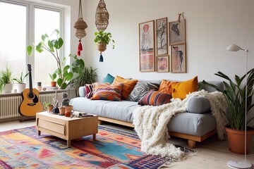 Bright Scandinavian Boho Living Rooms: Wooden Details & Colorful Textiles Ambiance