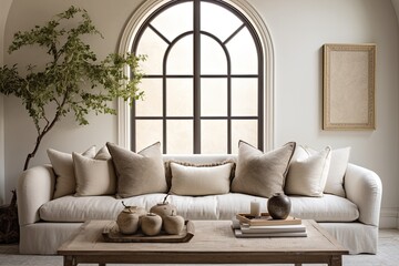 Classic Elegance: Arched Window Stucco Wall Decor, Velvet Upholstered Sofa, Marble Top Coffee Table Scene