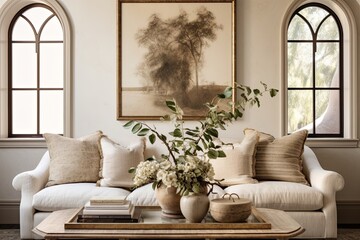 Classic Elegance: Arched Window Stucco Wall Decor with Velvet Upholstered Sofa and Marble Top Coffee Table