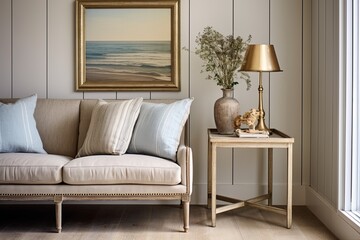 Fototapeta premium Coastal and Country Mix: Brass Legged Side Table Decor with Beadboard Walls & Driftwood Touches