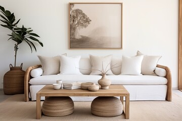 Rattan Retreat: Coastal Home Rustic Minimalist Interiors with Wooden Accents