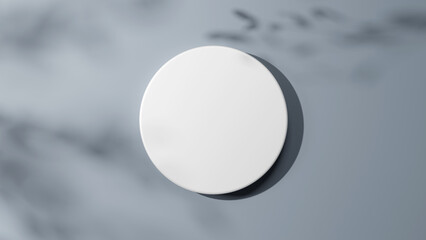 グレーの背景に白い円柱の台座。木の葉の影。3D（俯瞰）（横長）