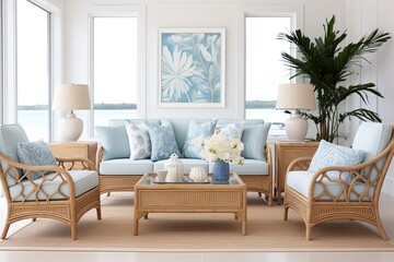 Coastal Room Oasis: Floral Pattern Cushions and Rattan Furniture with Beach Vibe in Light Blue Hue