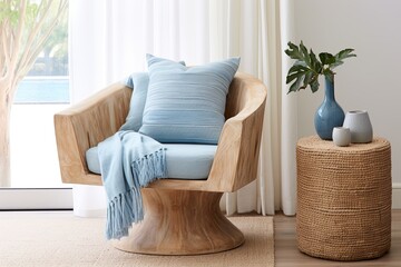Coastal Wood Stump Side Table & Rattan Chair Design with Blue Cushions