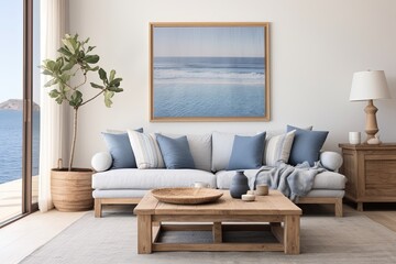 Blue By the Coast: Rustic Minimalist Living with Wooden Furniture Touches