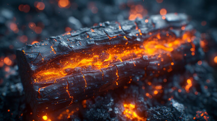 Closeup of a burning log vibrant orange and yellow flames dancing on its textured surface.