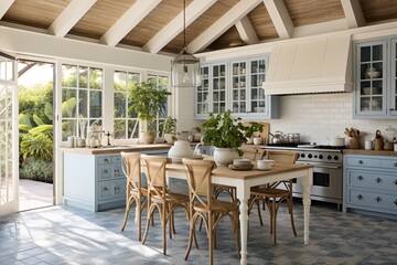Blue Tile Coastal Farmhouse Kitchen with Rattan Accents and Open Windows