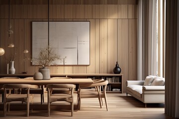 Abstract Wood Paneling Dining Room: Contemporary Art Posters & Minimalist Furniture D�cor