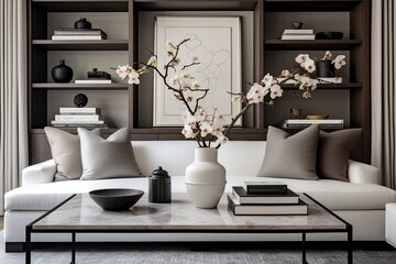 Modern Marble Coffee Table and Sleek Shelving: Neutral Palette Contemporary Design