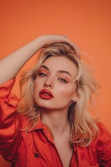 Glamour Blonde Woman With Red Lipstick. Generative AI