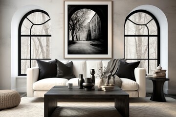 Contemporary Space with Arched Window Stucco Wall Decor, Black Coffee Table, and Abstract Art Poster