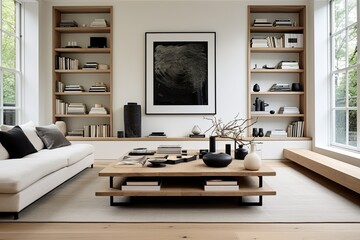 Minimalistic Elegance: Black Coffee Table Decorations in Contemporary White Space with Wooden Shelving