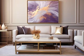 Contemporary Gold Accents Square Coffee Table: Art Deco Room Inspirations with Abstract Art Poster